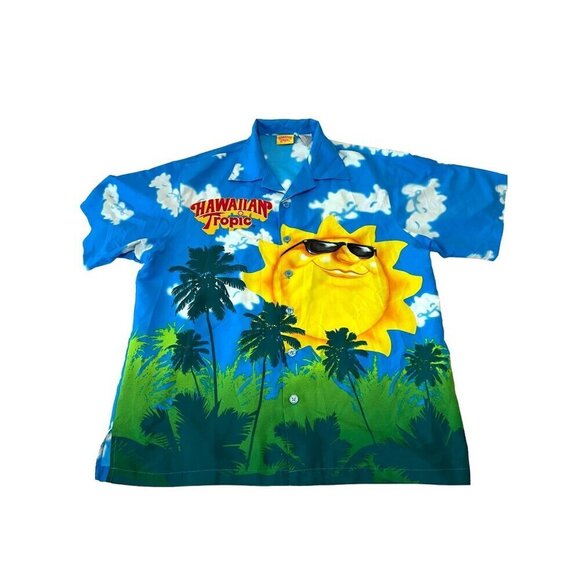 Hawaiian Tropic Aloha Sun Palm Trees Mens Short Sleeve Button Up Shirt M Blue - Picture 1 of 5